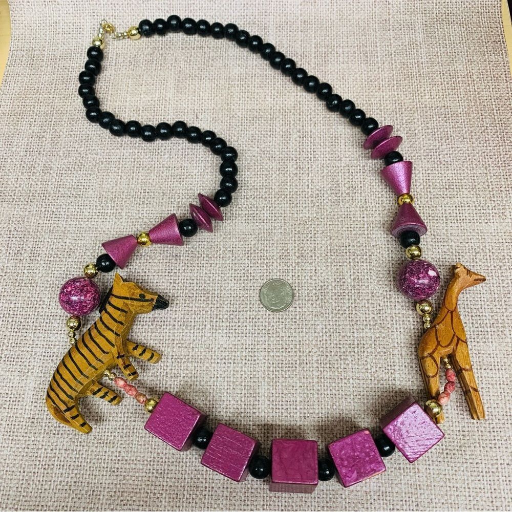 Chunky Wood and Ceramic Bead‎ Zebra Giraffe Fetish Necklace